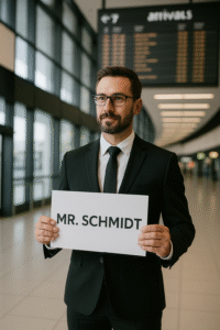 Vienna Airport Transfer – Meet &amp; Greet at Vienna International Airport (VIE): Driver with a name sign in the arrivals hall